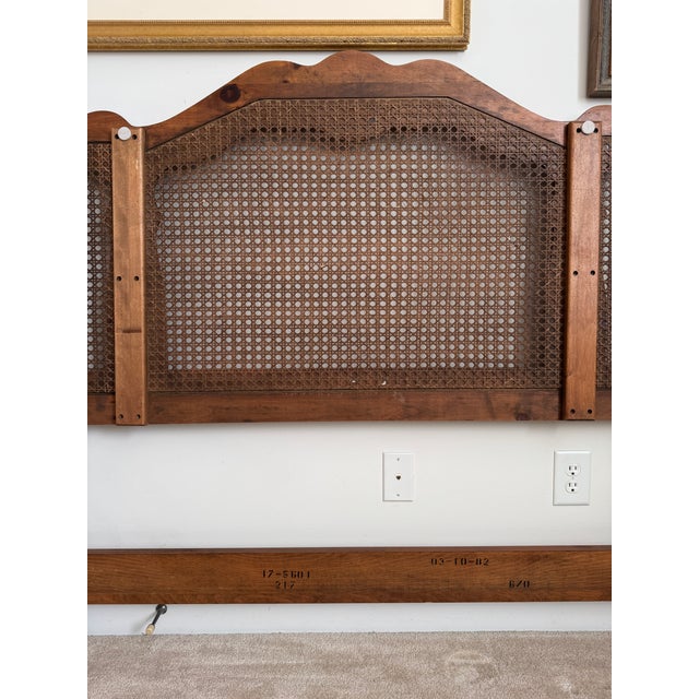 1980s Ethan Allen Chateau Normandy King Cane & Pine Bed Pediment Headboard For Sale - Image 10 of 12