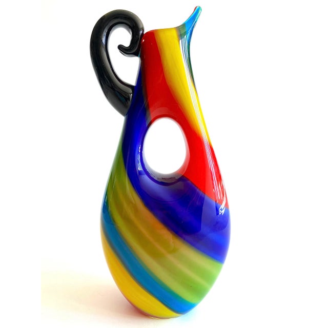 Vintage 1980's Postmodern Italian Murano Art Glass Fused Multicolor Stripe Sculptural Pitcher Vase For Sale - Image 13 of 13