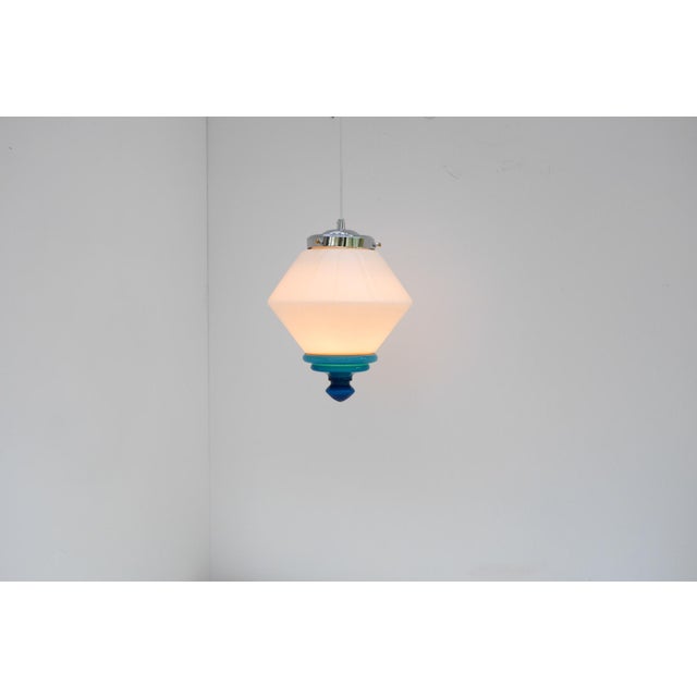 Scandinavian Art Deco Milk Glass Pendant Light with Azure Blue Details, 1930s For Sale - Image 16 of 17