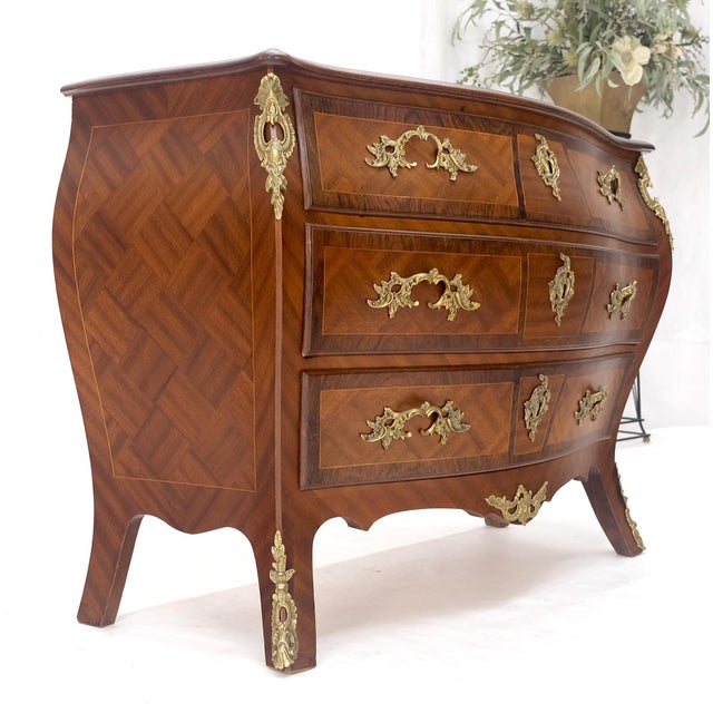 Bombe French Parquetry Top Bronze Mount Ormolu Mount 3 Drawers Dresser MINT For Sale - Image 9 of 17