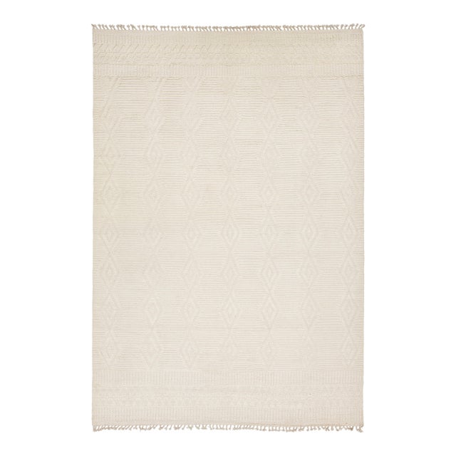 Ivory Geometric Handmade Modern Moroccan Wool Area Rug For Sale