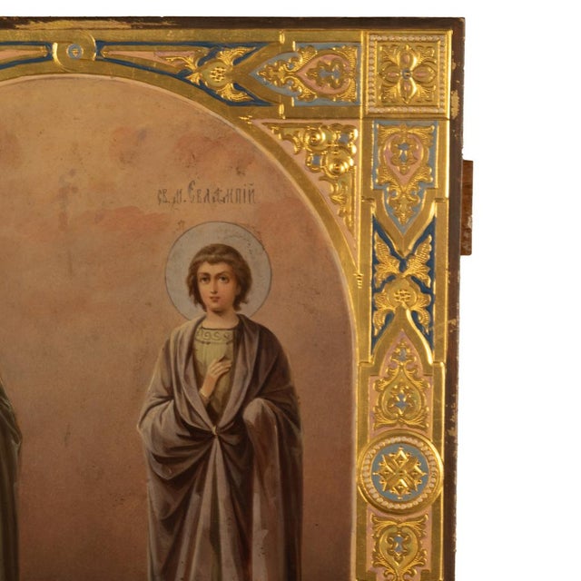 Mid 19th Century Antique 19th Century Russian Icon Egg Tempera Gilded St. Pelagia St. James For Sale - Image 5 of 12