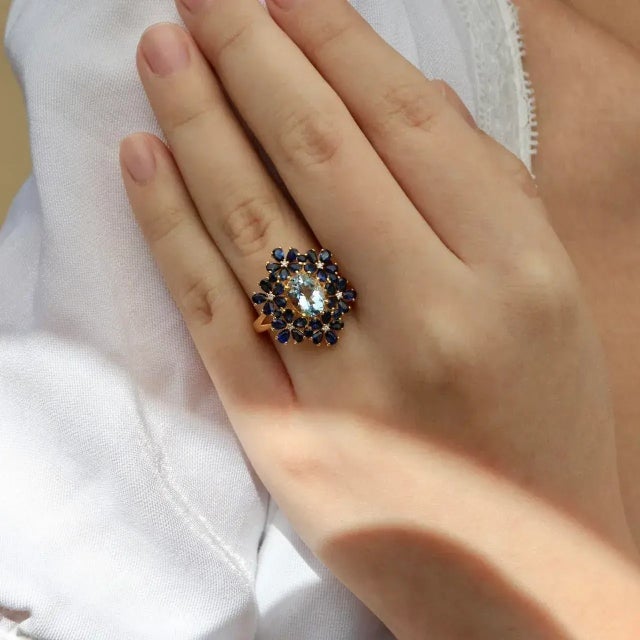 Metal Nina Zhou Aquamarine Sapphire Diamond Blossom Cocktail Ring in 14k Yellow Gold, size 9 For Sale - Image 7 of 7