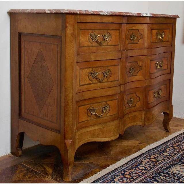Brown Antique Louis XV Chest of Drawers with Marquetry and Marble Top For Sale - Image 8 of 8