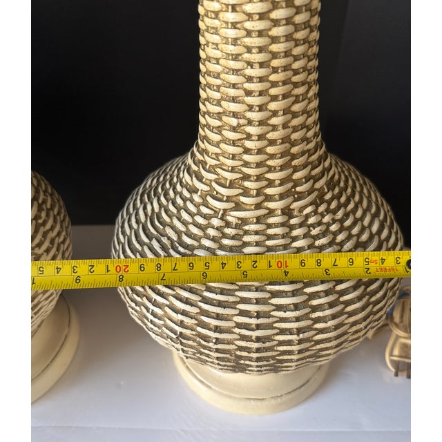 1980s 1980s Mid Century Modern Ceramic Basketweave Table Lamps Pair For Sale - Image 5 of 5