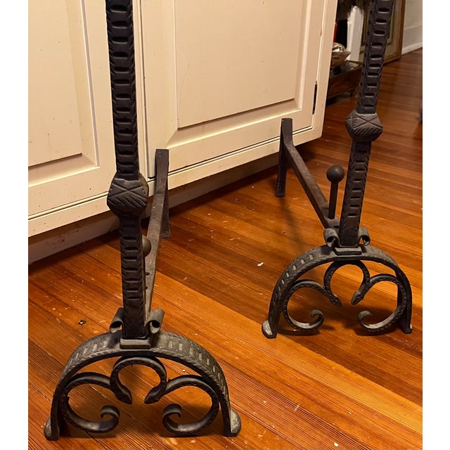 Very Large Antique 19th Century French Baroque Wrought Iron and Bronze Andirons With Gothic Tudor Arch for Limestone Fireplace Mantel For Sale - Image 13 of 15