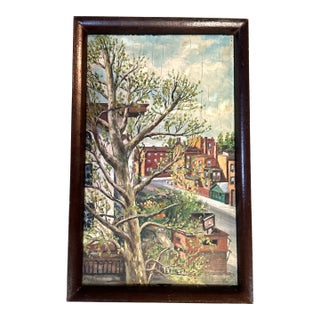 1950’s Original Impressionist Tall Tree & Cityscape Painting For Sale