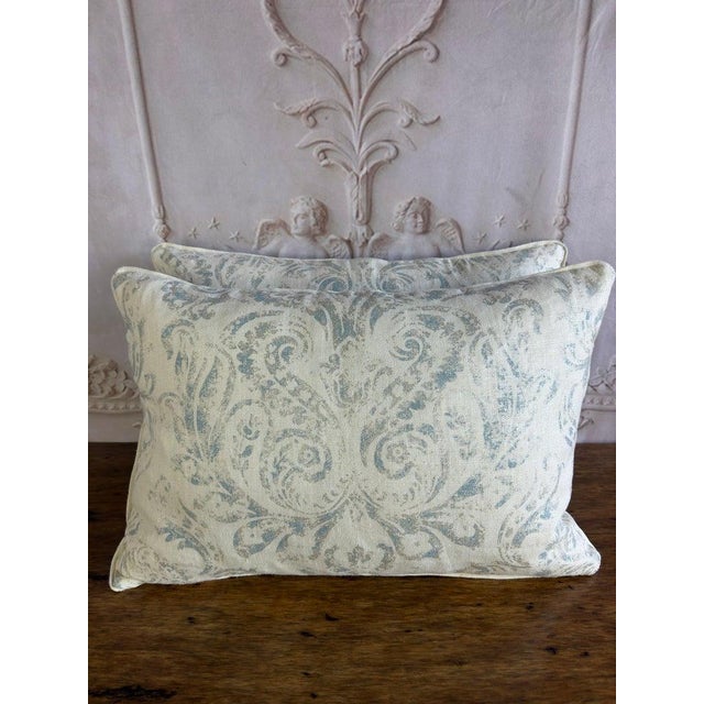 Pair of Custom Printed Linen Lumbar Pillows in Faded Aqua Baroque Damask For Sale - Image 9 of 10
