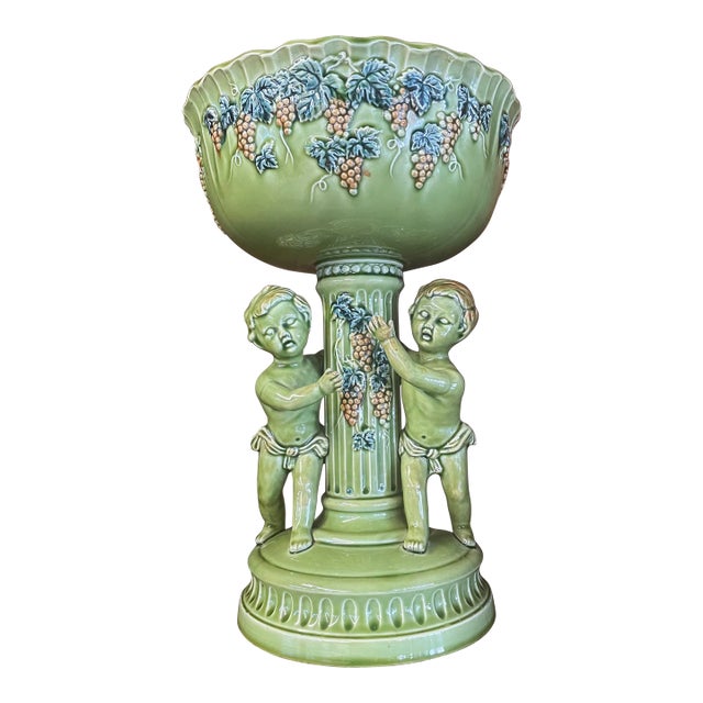 Vintage 1950s Green Ceramic Pedestal Bowl With Cherubs by Fenton For Sale