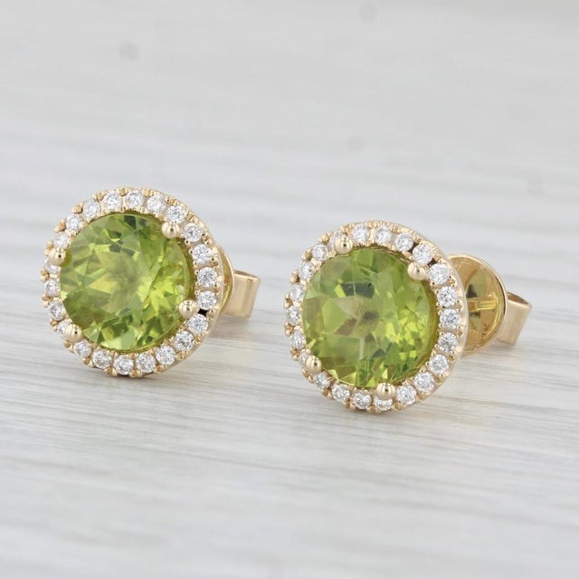 Modern New 3.10ctw Round Peridot Diamond Halo Stud Earrings 14k Yellow Gold, Pair For Sale - Image 3 of 6