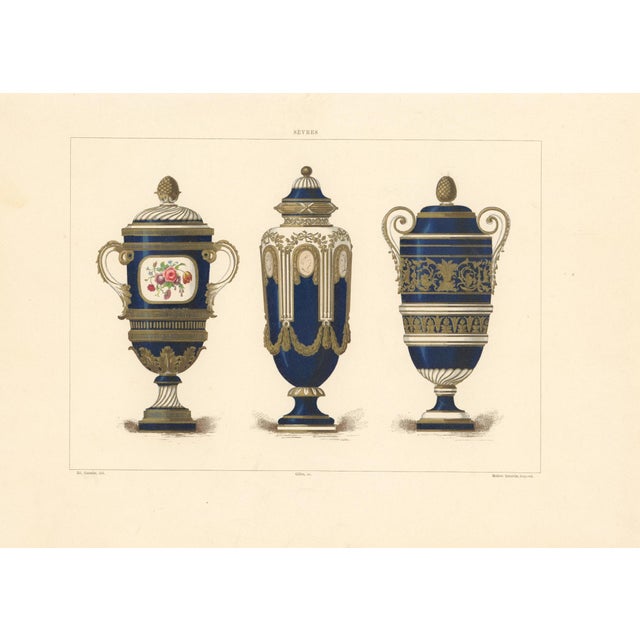 Original 19th-century French decorative-arts plate titled SÈVRES, depicting three richly decorated cobalt-blue and gilt...