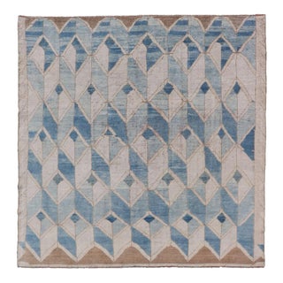 Mid 20th Century Square Vintage Turkish Oushak Kars Rug in Modern Design With Blue and Light Brown Colors For Sale