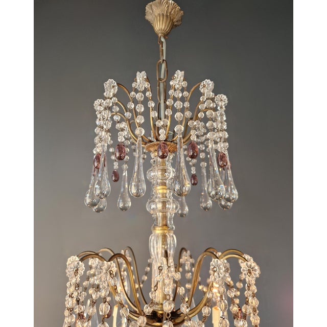 1920s Italian Chandelier Murano Glass Elements Crystal Chandelier With Colored Drops For Sale - Image 9 of 13