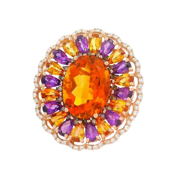 12.39 Carats Multi-Colored Gemstones Diamond 14k Rose Gold Sunflower Halo Ring, Size 7 For Sale - Image 4 of 6