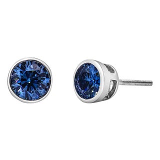14K White Gold 1.0 Cttw Blue Lab Grown Diamond Screw-Back Classic Bezel Solitaire Stud Earrings (Blue Color, VS2-SI1 Clarity) For Sale