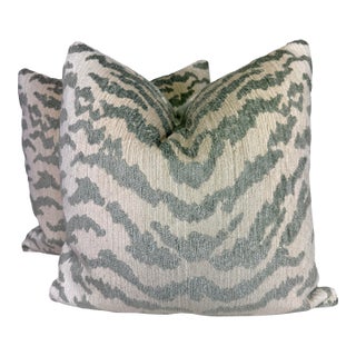Tiger Chenille in Aqua/Green 22" Pillows-a Pair For Sale