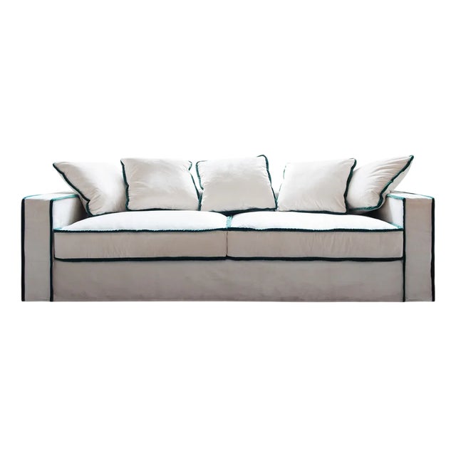 Rafaella Three-Seater Sofa in Ivory White Velvet with Emerald Green Trim from Biosofa For Sale