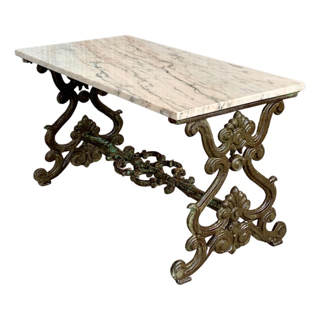 Mid 19th Century French Solid Cast Iron French Scrolling "Butterfly" Coffee Table with Marble Top For Sale