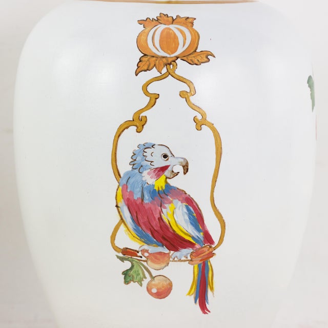 Ceramic Vintage Hand-Painted Ceramic Table Lamps With Chinoiserie Parrots and Cherry Motif - a Pair For Sale - Image 7 of 14