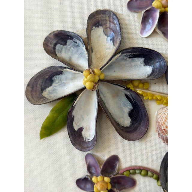 Linen Vintage Coastal Mixed Media Seashell Floral Wall Art in Painted Frame For Sale - Image 8 of 12