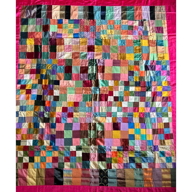 Boho Chic Vintage Handmade Satin Patchwork Queen Size Bed Cover For Sale - Image 3 of 7