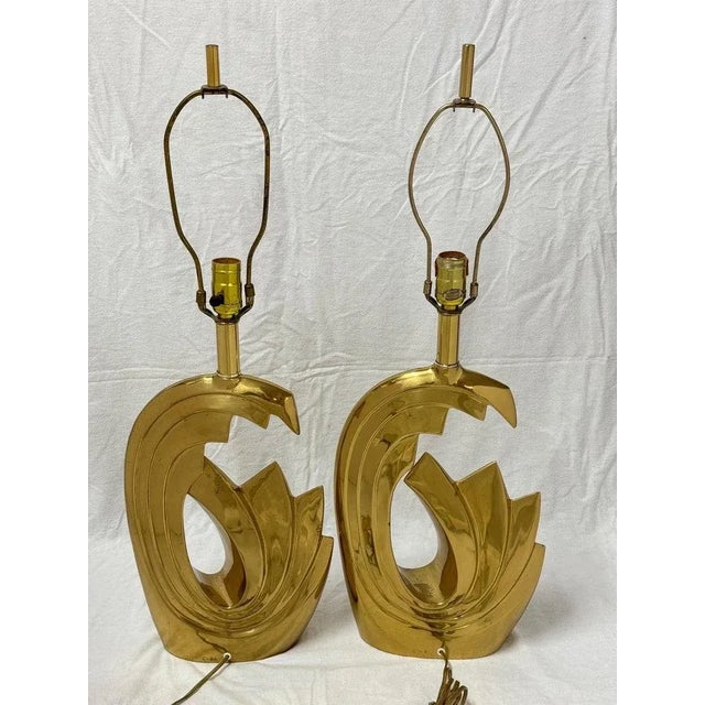 Metal Pair of Pierre Cardin Brass Tidal Wave Lamps For Sale - Image 7 of 12