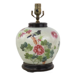 Famille Rose Antique Porcelain Vase Lamp With Bird and Peony Motif on Wood Base For Sale