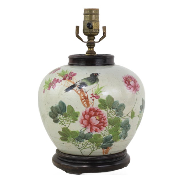 Famille Rose Antique Porcelain Vase Lamp With Bird and Peony Motif on Wood Base For Sale