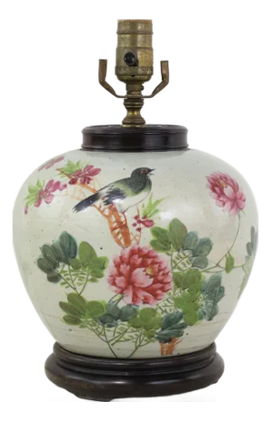 Famille Rose Antique Porcelain Vase Lamp With Bird and Peony Motif on Wood Base