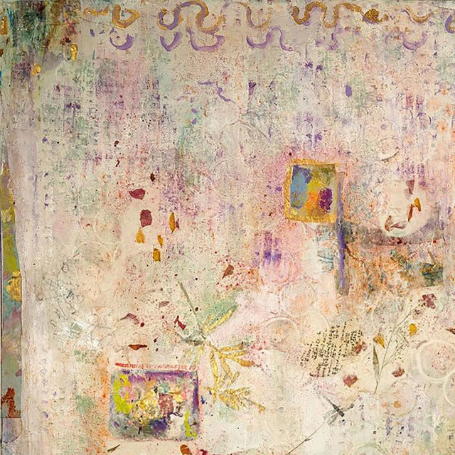 Mixed media on canvas with acrylic, collage, and textured layers. A pale ground of soft greens and whites becomes a...