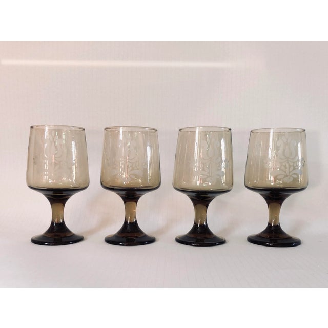 1970s Vintage Pfaltzgraff Etched BrownGlass Stemware S/4 For Sale - Image 5 of 5