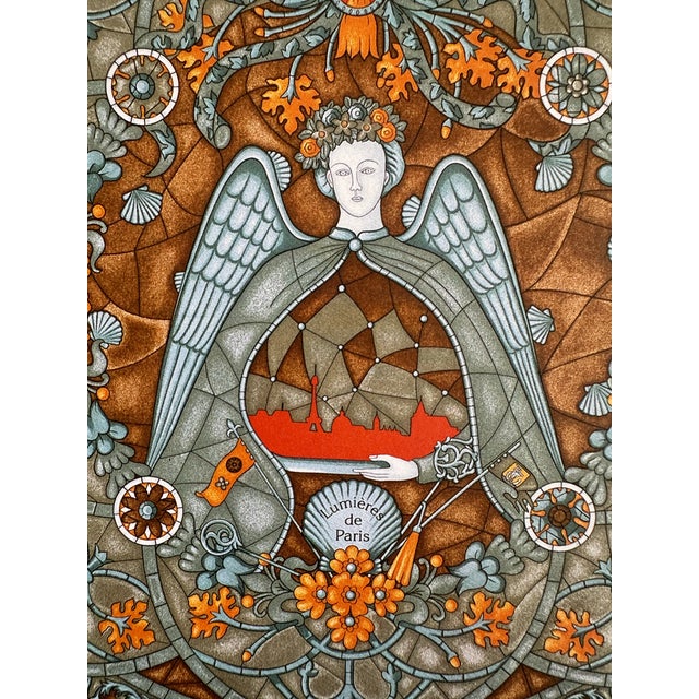 Metal Authentic Original Hermès “Lumière De Paris” Framed Silk Scarf Art Advertisement Print Art Nouveau Angel French Luxury Wall Art For Sale - Image 7 of 9