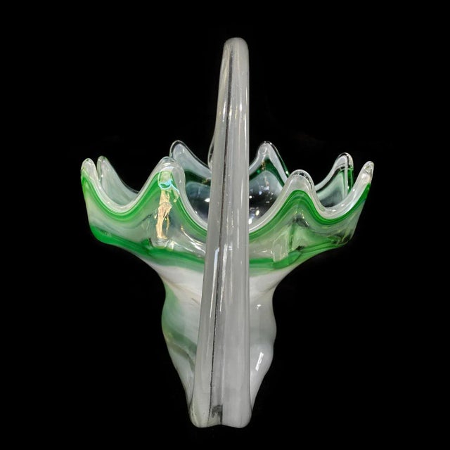 Murano Vintage Murano Green Blown Art Glass Centerpiece Cornucopia Bowl W/ Handle For Sale - Image 4 of 10