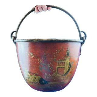 Antique Chinese Red Lacquered Metal Bucket For Sale