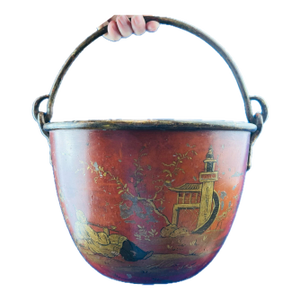 Antique Chinese Red Lacquered Metal Bucket