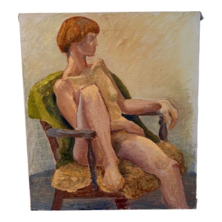 Mid-Century Modernist Seated Woman Oil Painting on Canvas For Sale