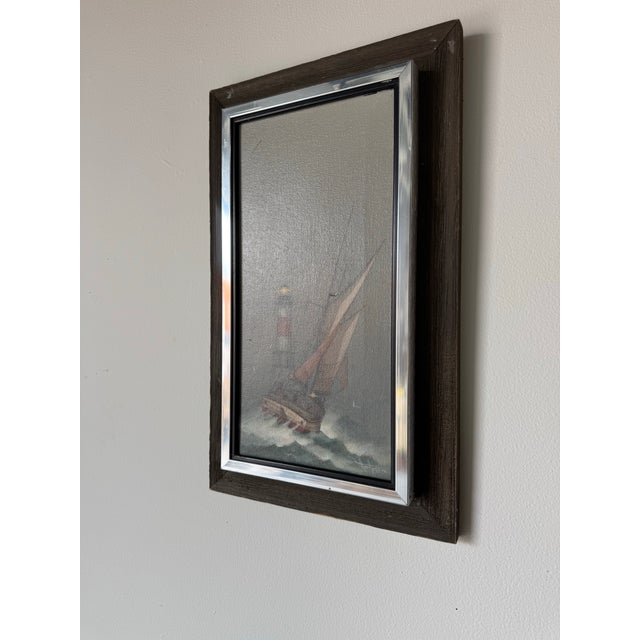 Mid-Century Modern 1978 Vintage Nautical Seascape With Sailing Vessel and Lighthouse — Oil on Canvas Painting by Henry P. For Sale - Image 3 of 12