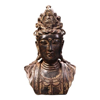 Vintage Chinese Gilded Bronze Guanyin Bodhisattva Bust, Partial Figure Sculpture For Sale