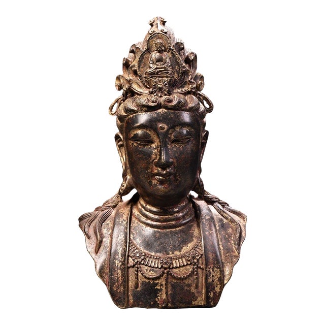 Vintage Chinese Gilded Bronze Guanyin Bodhisattva Bust, Partial Figure Sculpture For Sale
