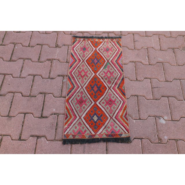 1980s Rustic Turkish Hand Knotted Ikat Colorful Kilim Rug For Sale - Image 9 of 9