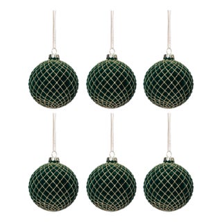 Flocked Green + Gold Ball Ornaments, Set of 6, 3.25" For Sale