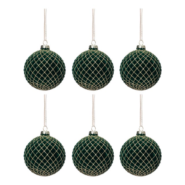 Flocked Green + Gold Ball Ornaments, Set of 6, 3.25" For Sale