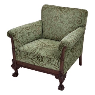 Danish Armchair in Green Velour and Carved Oak, 1950s For Sale