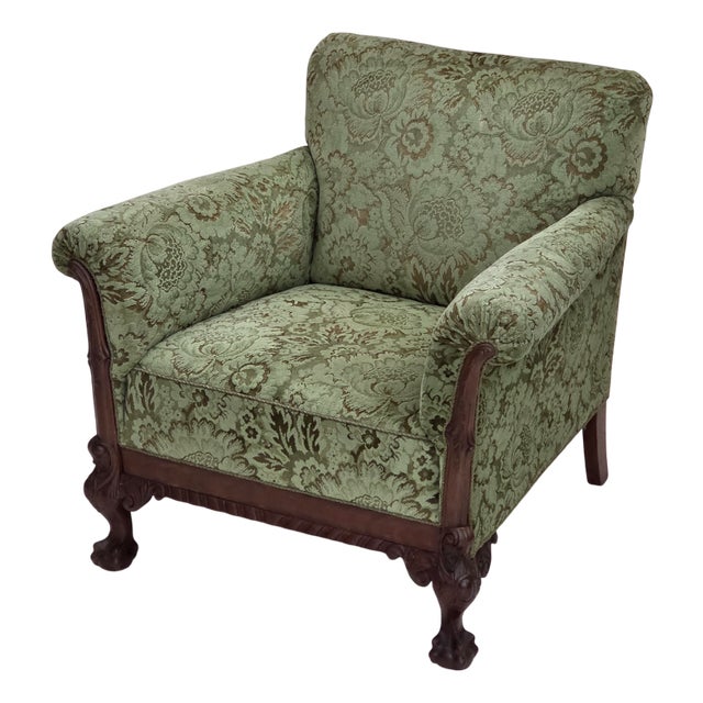 Danish Armchair in Green Velour and Carved Oak, 1950s For Sale