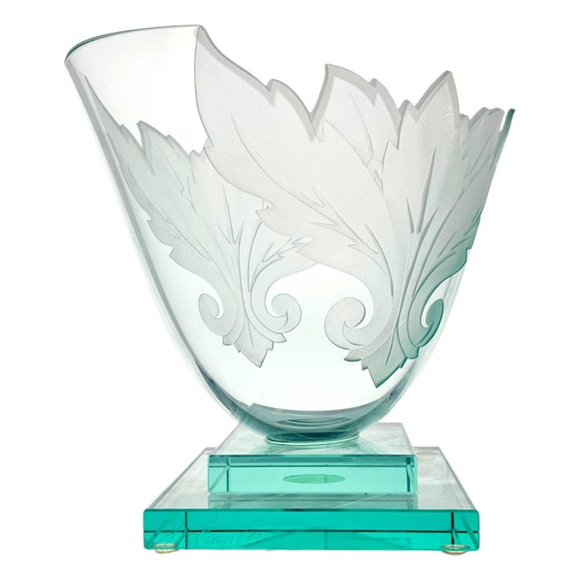 Art Deco Circa 1990 Robert Guenther Signed Aqua Etched and Frosted Art Glass Leaf Vase For Sale - Image 3 of 12