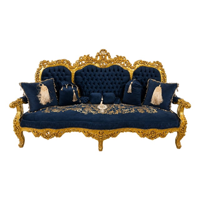 French Baroque Style Navy Blue Velvet Settee – Ornate Gold Leaf Frame With Accent Pillows For Sale