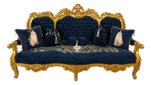 French Baroque Style Navy Blue Velvet Settee – Ornate Gold Leaf Frame With Accent Pillows