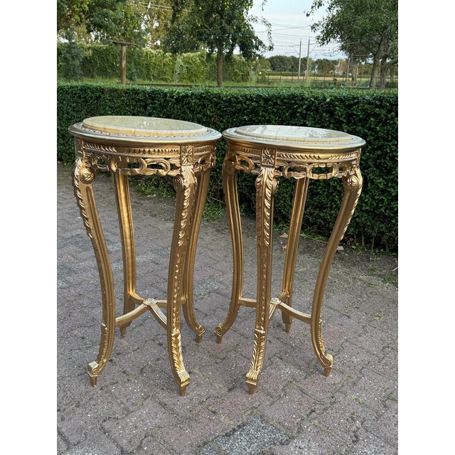 1970s Artisan Louis XVI Gold Beech Marble Tables-Pair For Sale - Image 4 of 18