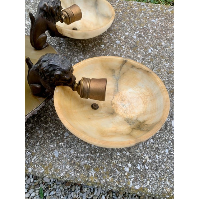 Metal Art Deco Candleholder with Lion Statues in Bronze and Abalaster, 1930s For Sale - Image 7 of 18