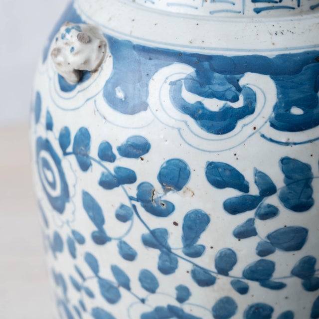 Blue Pair of Chinese Blue and White Glazed Jars With Foo Dog Finials For Sale - Image 8 of 10